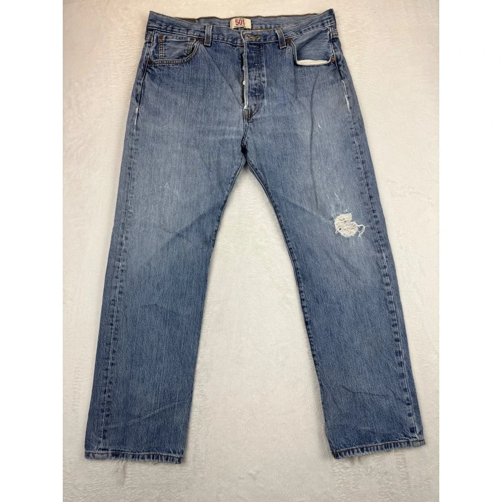 Levis 501 Men's 36x30 Y2K Medium Light Wash Grungy Skater Distressed Faded Jeans